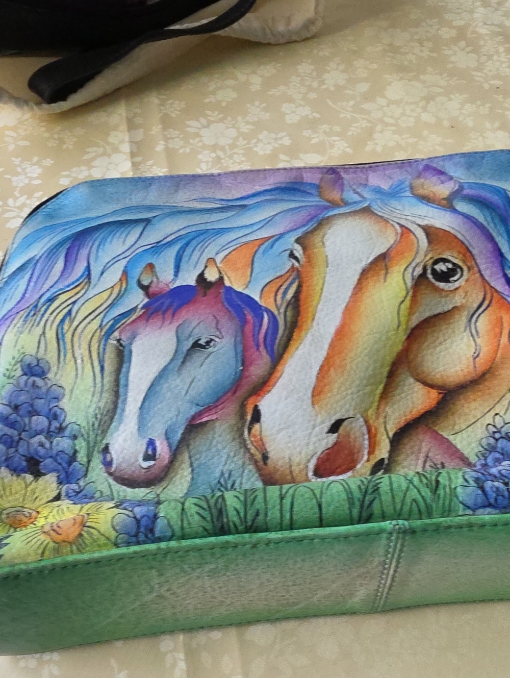 Colorful Horse Art Laptop Sleeve - Green.nwot Single Leather Handle